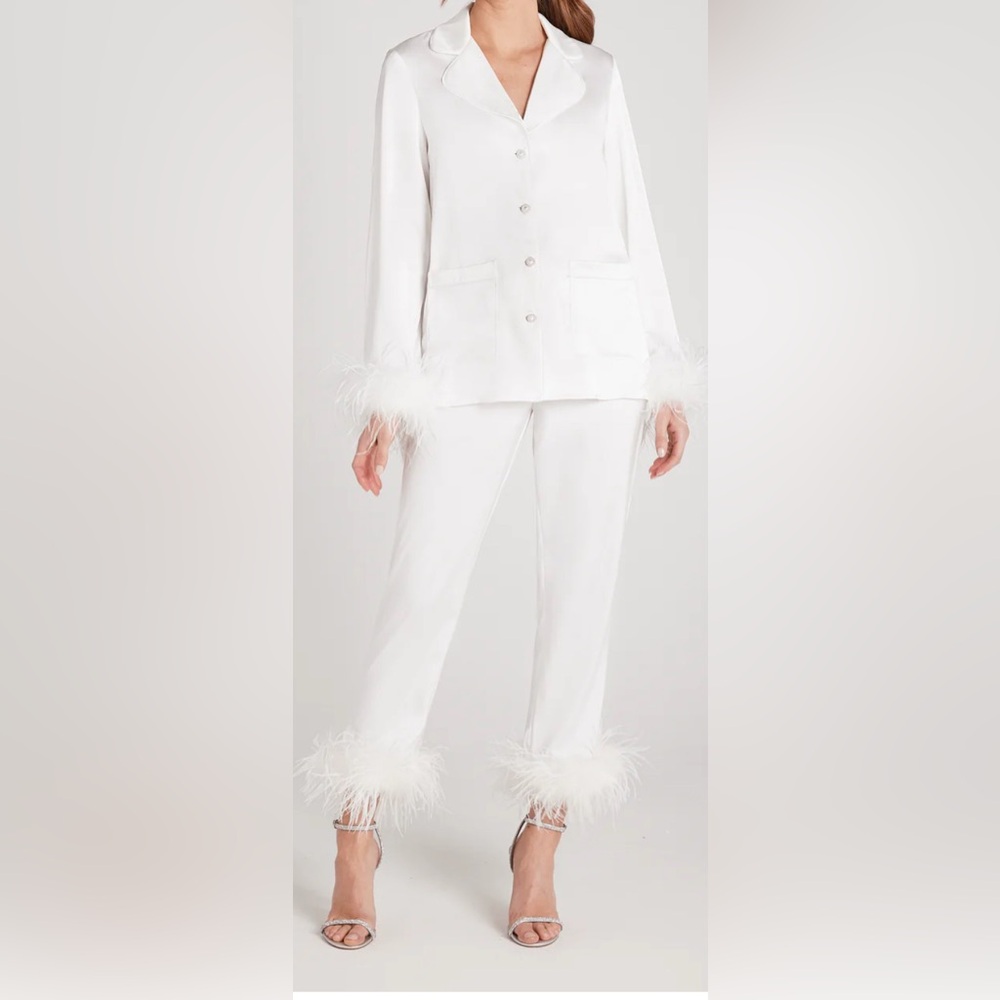 NADINE MERABI White Feather Trim Pajama Set